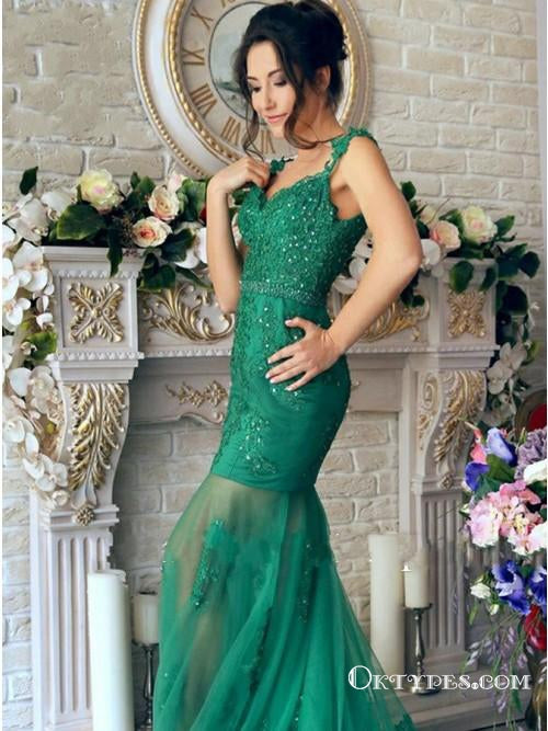 Green Off the Shoulder Mermaid Long Cheap Prom Dresses With Beaded, TYP1786