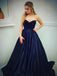 A-Line Sweetheart Navy Blue Satin Prom Dresses with Beading, TYP1387