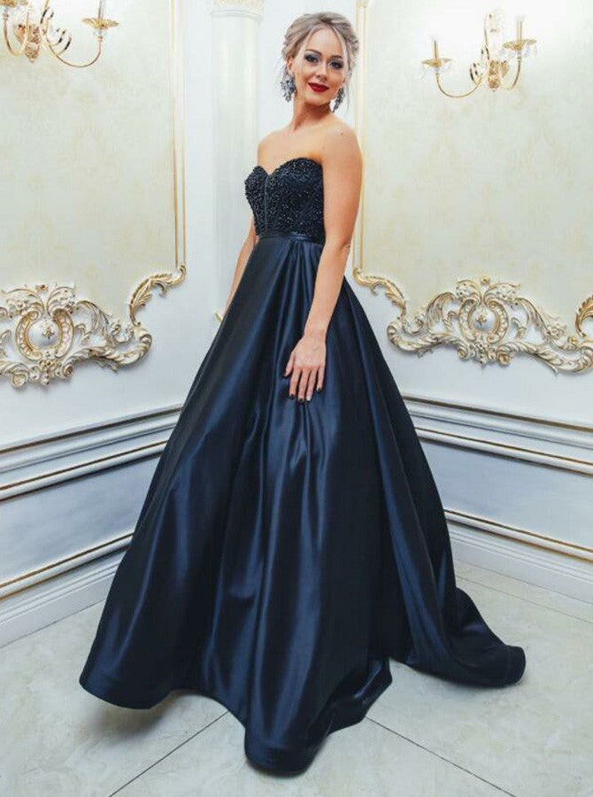 A-Line Sweetheart Navy Blue Satin Prom Dresses with Beading, TYP1387