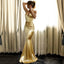 Mermaid V-Neck Long Cheap Backless Gold Satin Prom Dresses, TYP1276