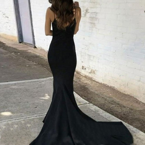 Mermaid Spaghetti Straps Long Cheap Black Stretch Satin Prom Dresses, TYP1260