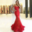 Mermaid Spaghetti Straps Sweep Train Red Tulle Prom Dresses with Lace&Beading, TYP1258