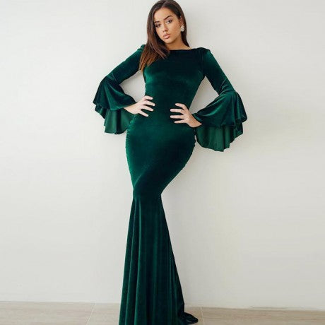 Mermaid Bateau Flare Sleeves Long Cheap Green Velvet Prom Dresses, TYP1275