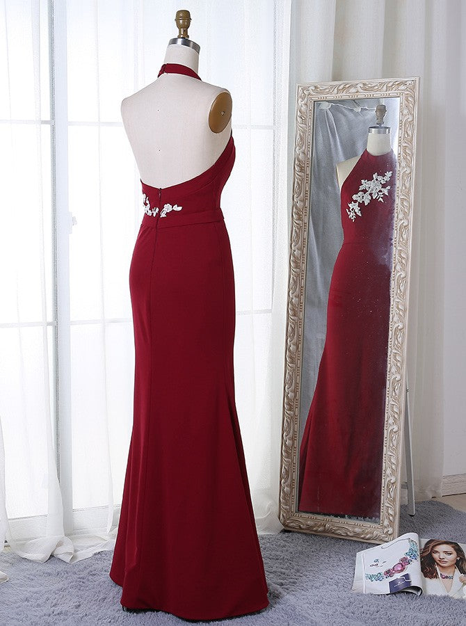 Mermaid Halter Floor-Length Dark Red Prom Dress with Pearls Appliques, TYP1395