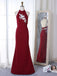 Mermaid Halter Floor-Length Dark Red Prom Dress with Pearls Appliques, TYP1395