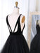 A-Line V-Neck Sweep Train Pleated Tiered Black Tulle Prom Dresses, TYP1397