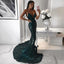 Mermaid Spaghetti Straps Long Cheap Dark Green Sequined Prom Dresses, TYP1273