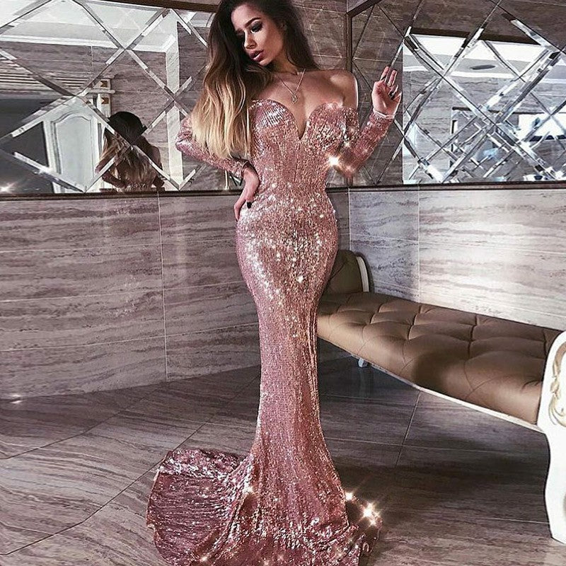 Mermaid Off-the-Shoulder Long Sleeves Rose Gold Sequin Prom Dresses, TYP1435