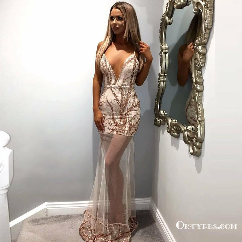 Sheath Spaghetti Straps Long Cheap Champagne Prom Dresses, TYP1828