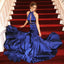 Mermaid High Neck Sweep Train Royal Blue Prom Dresses with Keyhole, TYP1439