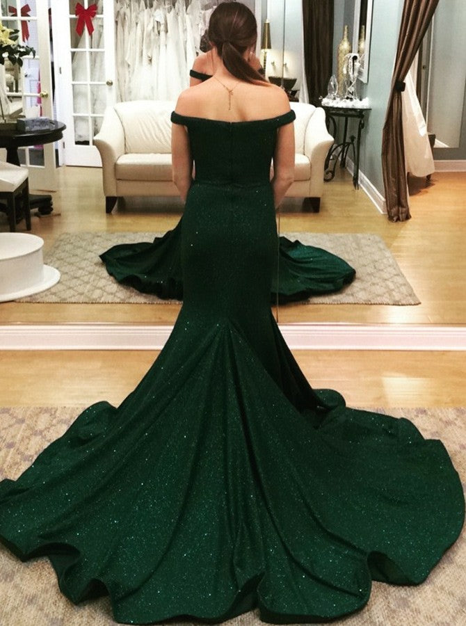 Mermaid Off-the-Shoulder Green Satin Prom Dresses with Beading, TYP1333