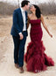 Mermaid Strapless Burgundy Satin Prom Dresses with Ruffles Beading, TYP1391