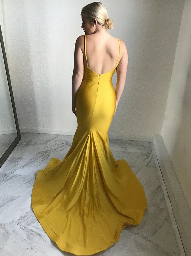 Mermaid Spaghetti Straps Long Cheap Ruched Yellow Satin Prom Dresses, TYP1337