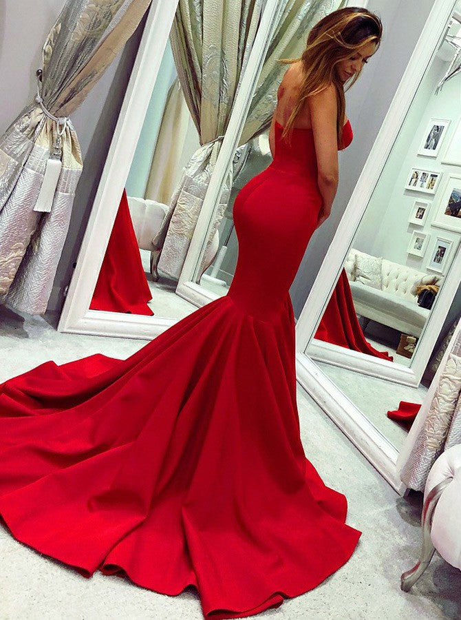 Mermaid Sweetheart Long Sweep Train Red Satin Prom Dresses, TYP1505