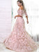 A-Line Off-the-Shoulder Sweep Train Pink Lace Prom Dresses with Feather, TYP1509