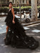 A-Line V-Neck High Low Backless Black Tulle Prom Dresses, TYP1519