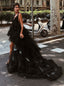 A-Line V-Neck High Low Backless Black Tulle Prom Dresses, TYP1519