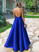 A-Line Spaghetti Straps long Royal Blue Satin Prom Party Dresses, TYP1503