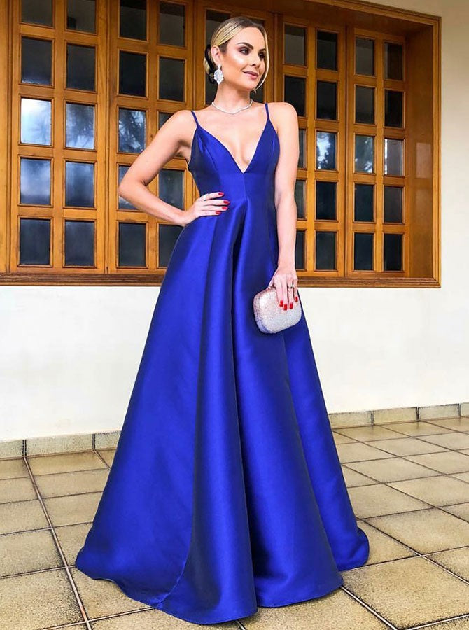 A-Line Spaghetti Straps long Royal Blue Satin Prom Party Dresses, TYP1503