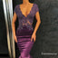 Mermaid V-Neck Cap Sleeves Purple Long Prom Dresses with Lace, TYP1639