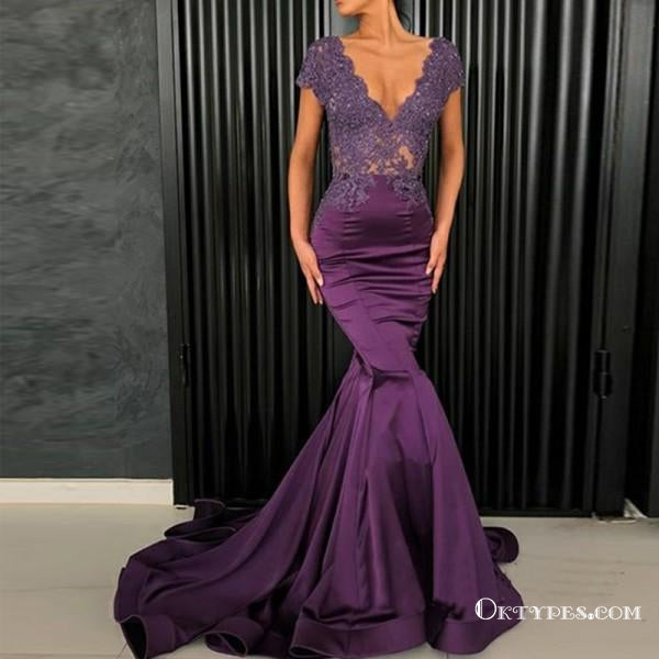 Mermaid V-Neck Cap Sleeves Purple Long Prom Dresses with Lace, TYP1639