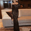 Mermaid Off Shoulder Long Sleeves Black Beaded Long Prom Dresses with Lace, TYP1674