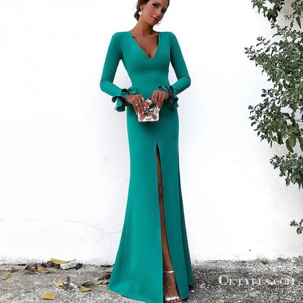 Mermaid Deep V-Neck Long Sleeves Green Long Prom Dresses with Ruffles, TYP1630