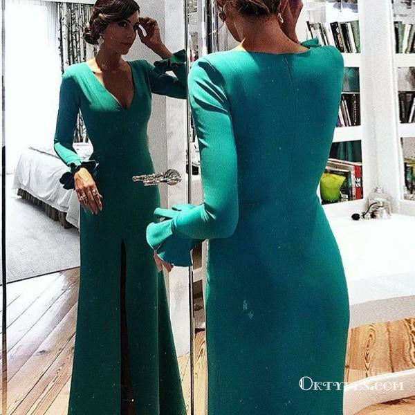 Mermaid Deep V-Neck Long Sleeves Green Long Prom Dresses with Ruffles, TYP1630