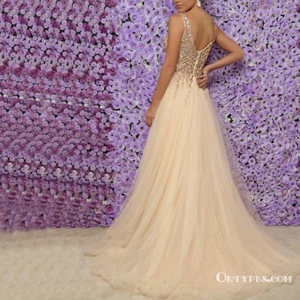 A-Line V-Neck  Champagne Beaded Long Cheap Prom Dresses With Slit, TYP1623