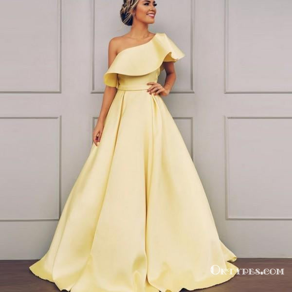 A-Line One Shoulder Sleeveless Yellow Long Prom Dresses With Ruffles, TYP1653