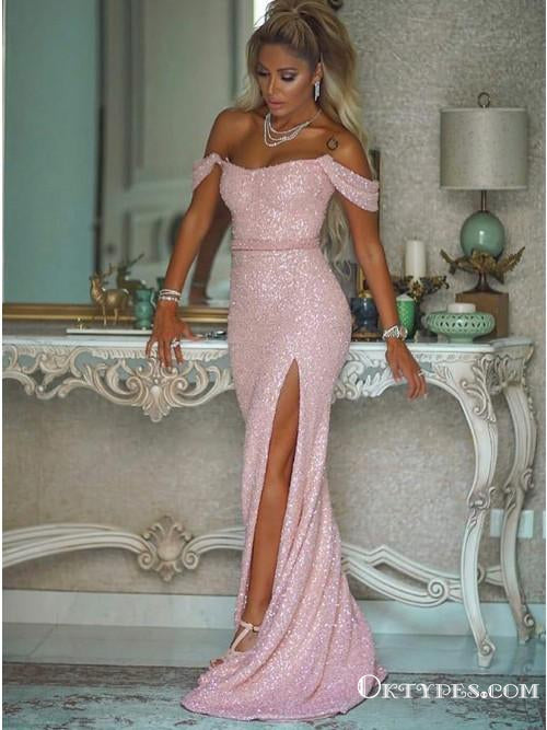 Mermaid Off-the-Shoulder Long Sequined Prom Dresses with Split, TYP1929