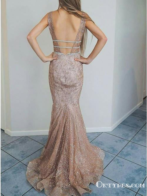 Mermaid V-Neck Backless Champagne Glitter Evening Prom Dresses, TYP1930