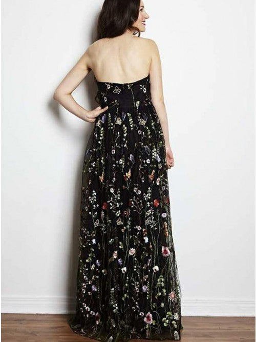 A-Line Sweetheart Neck Sleeveless Black Long Prom Dresses with Appliques, TYP1885