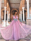 Charming A-Line Spaghetti Straps Pink Tulle Prom Dresses with Appliques, TYP1682