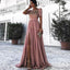 A-Line Bateau Short Sleeves Dusty Pink Long Prom Dresses with Beading&Rhinestones, TYP1628