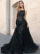 Mermaid Black Chiffon Sleeveless Prom Dress with Detachable Train Appliques, TYP1496