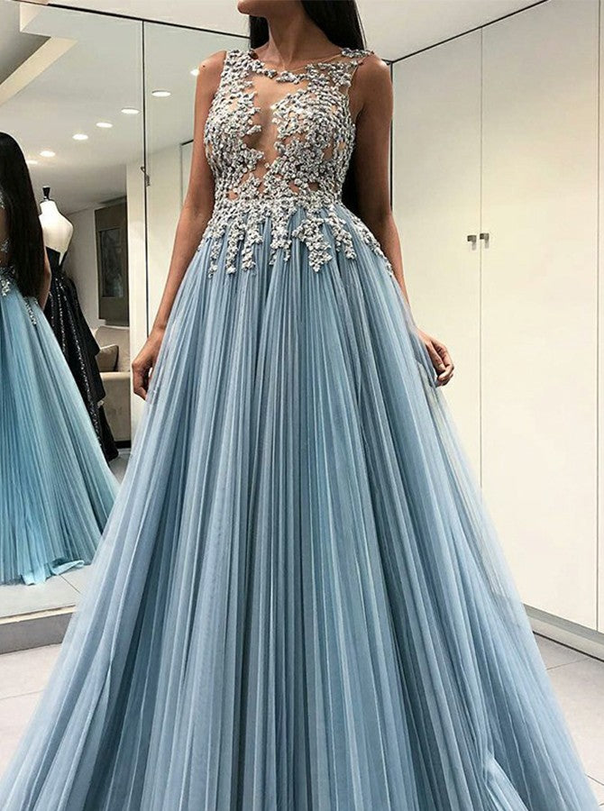 Scoop Sky Blue Open Back Long Formal Prom Dresses with Appliques, TYP1522