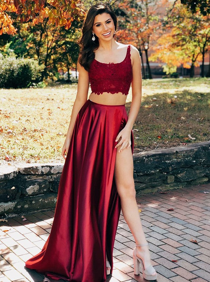 Two Pieces Scoop Sleeveless Burgundy Split Criss Cross Back Prom Dresses, TYP1521