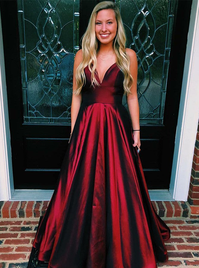 Timeless Deep V-neck Sleeveless Burgundy Long Prom Dresses, TYP1525