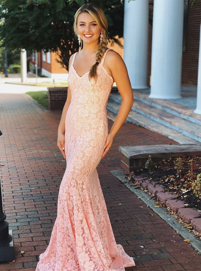 Mermaid V-neck Sleeveless Pink Lace Backless Prom Dresses With Beaded, TYP1526