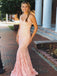 Mermaid V-neck Sleeveless Pink Lace Backless Prom Dresses With Beaded, TYP1526