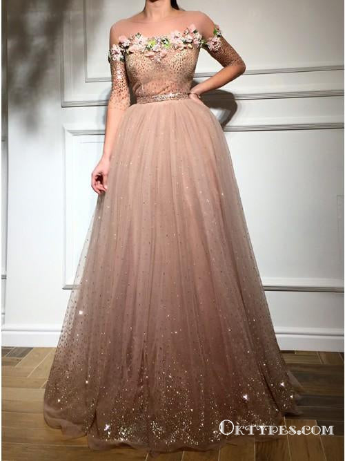 Exquisite Illusion Neck Long Sleeves Blush Prom Dresses with Beaded Flowers, TYP1669