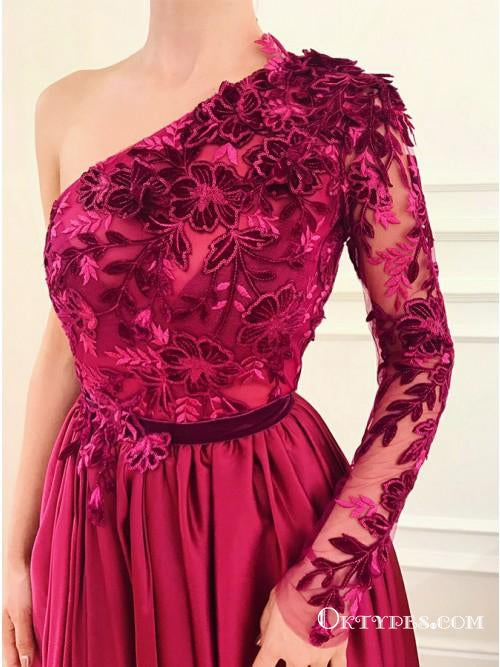 Generous One Shoulder Long Sleeves Fuchsia Split Prom Dresses with Appliques, TYP1660