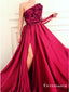 Generous One Shoulder Long Sleeves Fuchsia Split Prom Dresses with Appliques, TYP1660