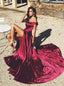 Charming Off Shoulder Split Sweep Train Fuchsia Prom Dresses, TYP1578