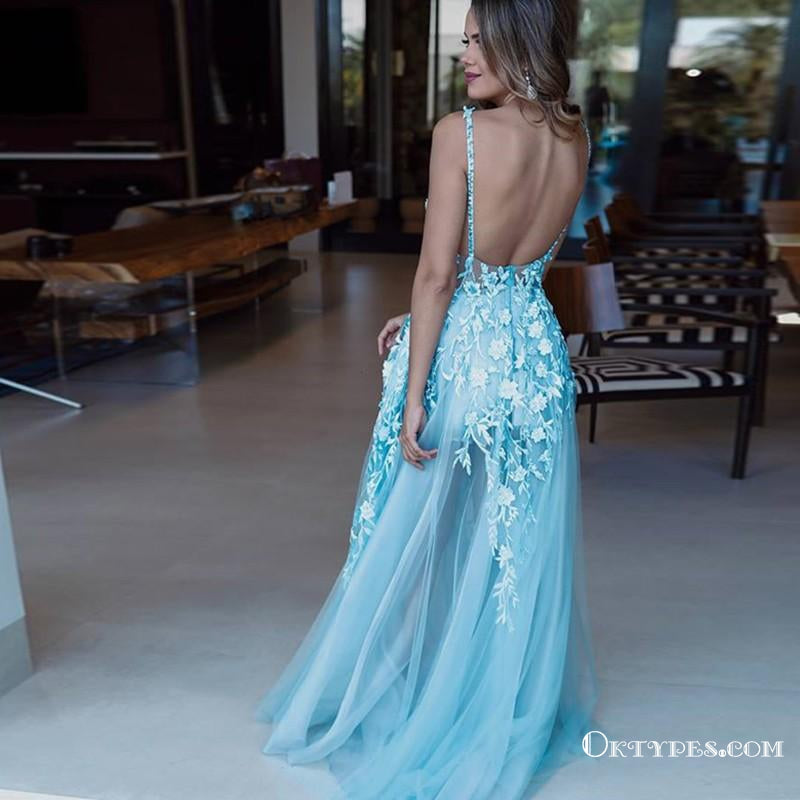 A Line Straps Backless Light Blue Prom Dresses Jumpsuit With Appliques, TYP1822