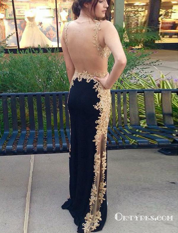 Black Spaghetti Strap Long Cheap Prom Dresses With Lace Applique, TYP1673