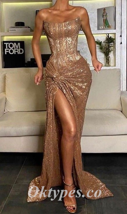 Sexy Sequin Sweetheart Sleeveless Side Slit Mermaid Long Prom Dresses, PDS0846