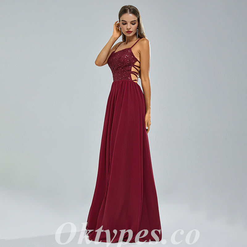 Sexy Sequin Top Chiffon Bottom Spaghetti Straps Criss Cross A-Line Long Prom Dresses,PDS0457