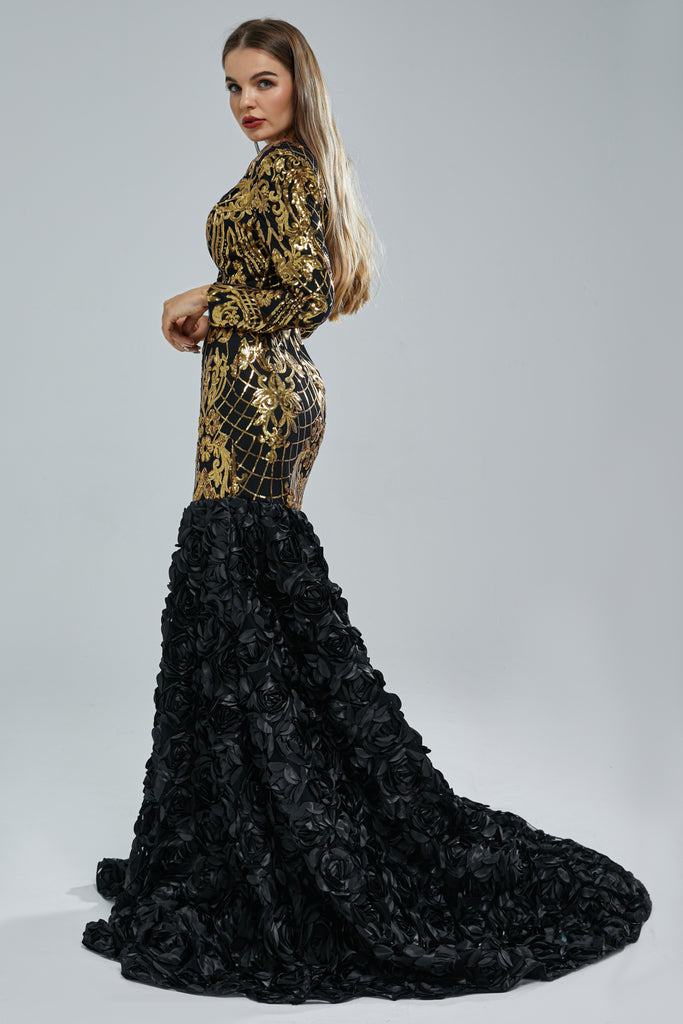 Elegant Black-Gold Long Sleeve V-Neck Mermaid Long Prom Dresses,PDS0423